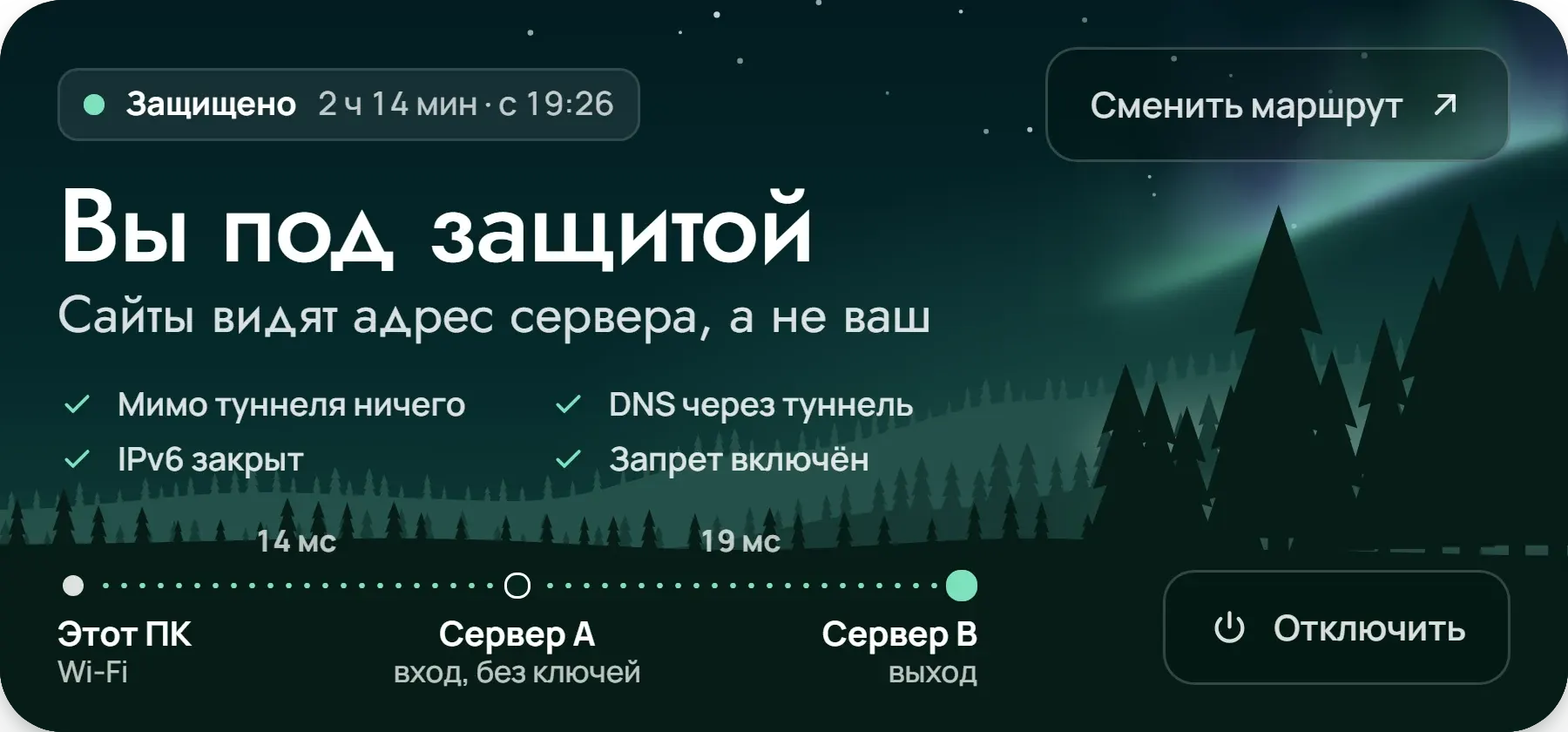 Главный блок приложения в состоянии «Защищено» на той же погоде