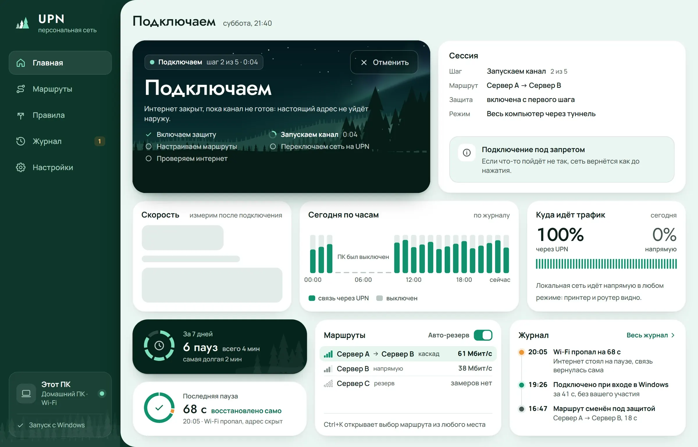 Главная UPN: подключение, шаг 2 из 5, сияние разгорается