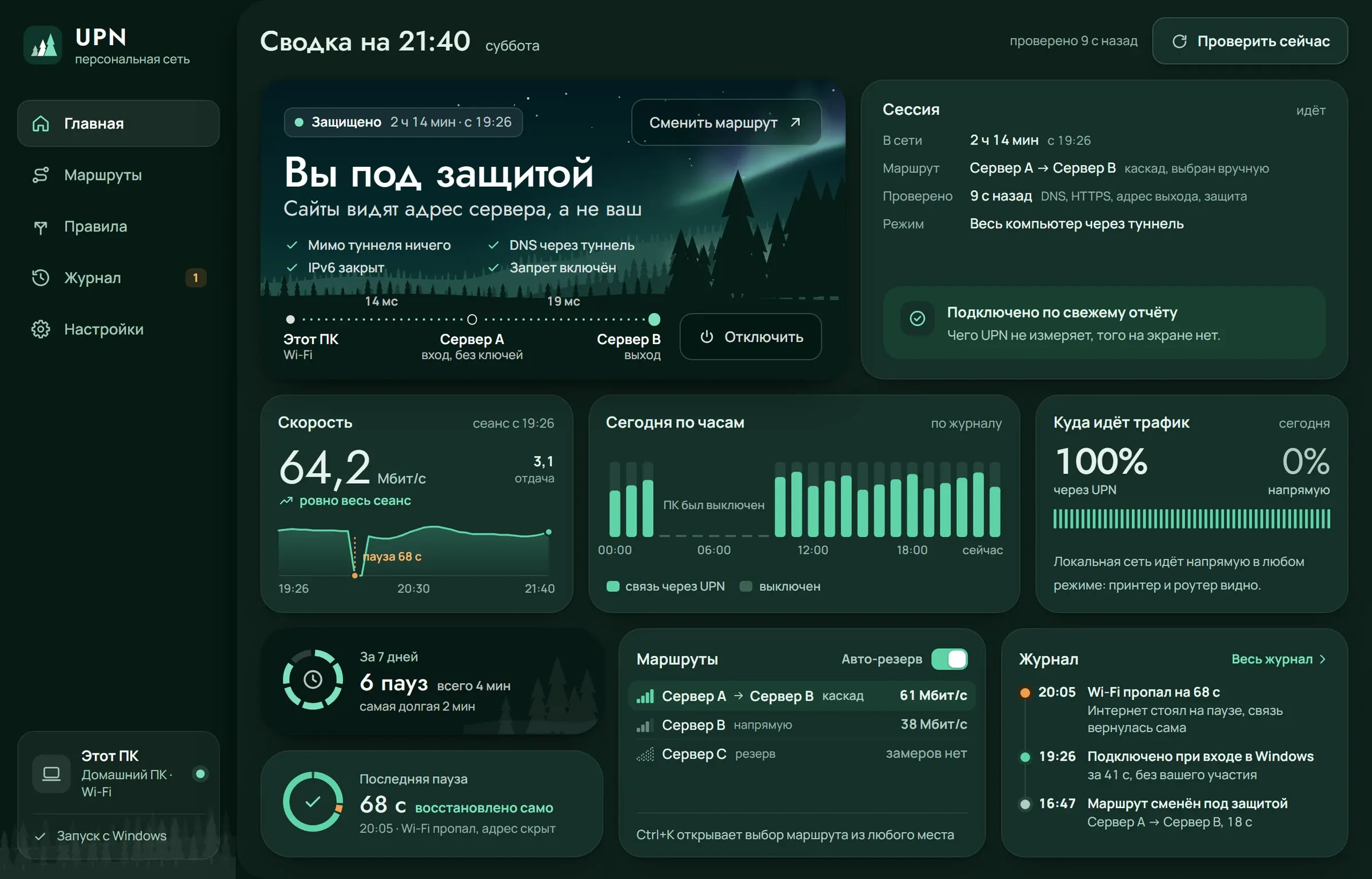 Главная UPN в тёмной теме: защищено, скорость, журнал