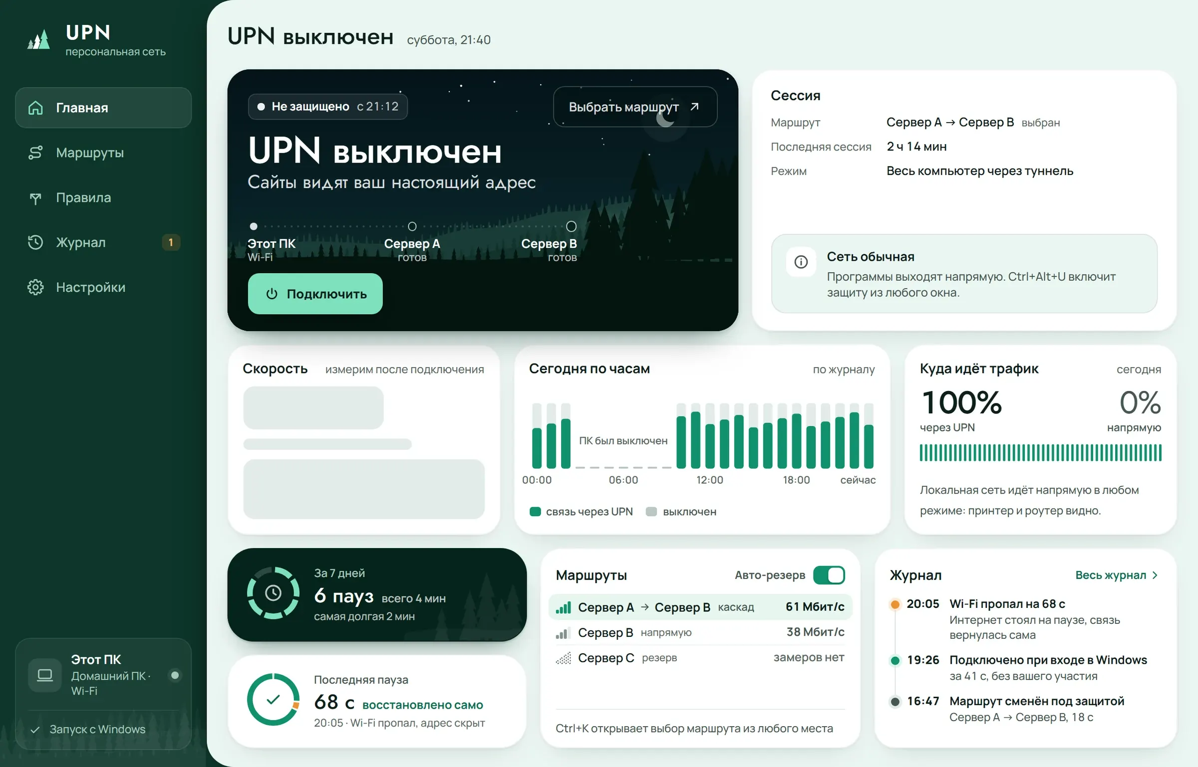 Главная UPN: выключено, ночная сцена и кнопка «Подключить»
